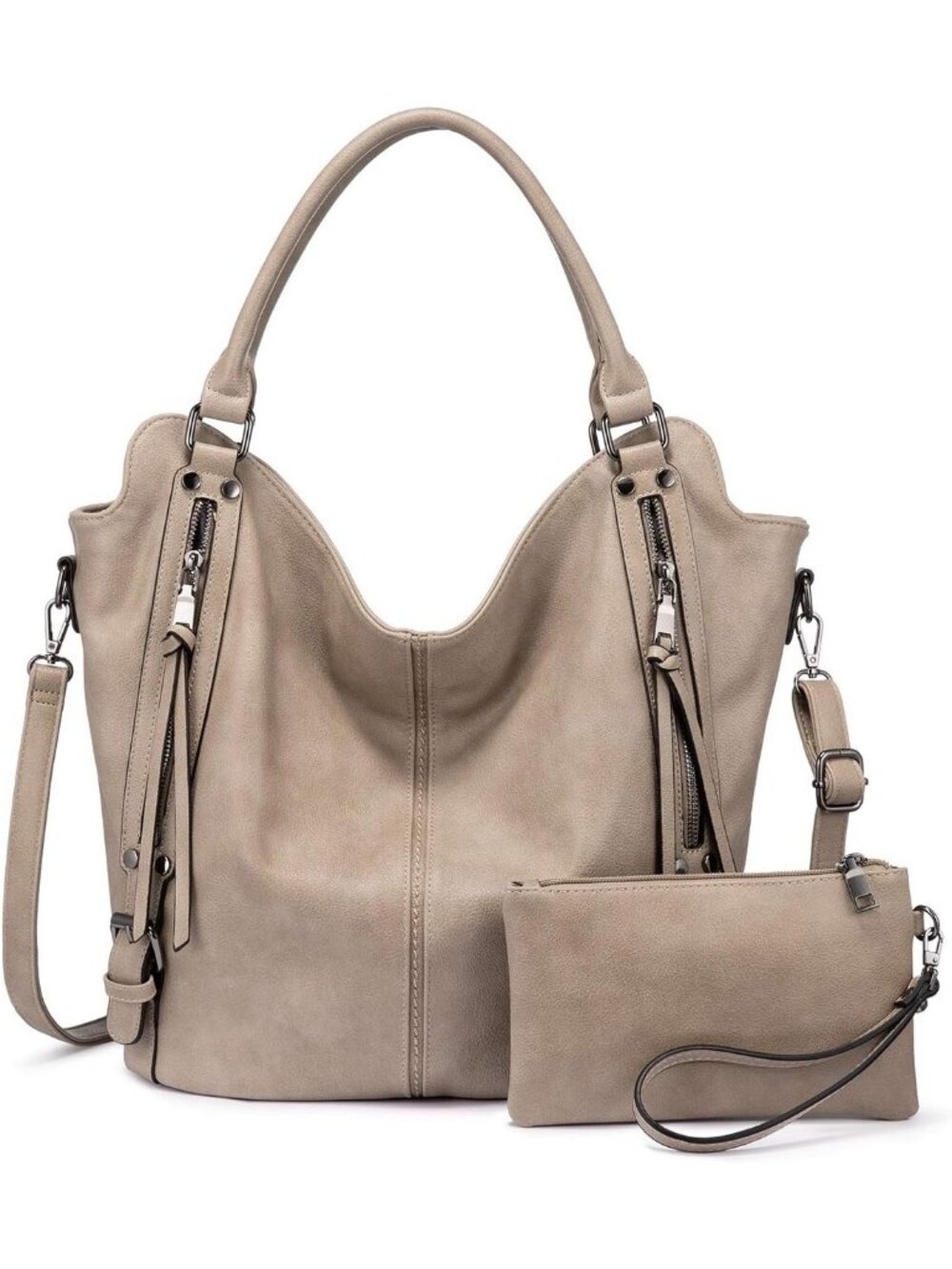 Women's Khaki PU Leather Tote Large Hobo Shoulder Purse Adjustable Handbag